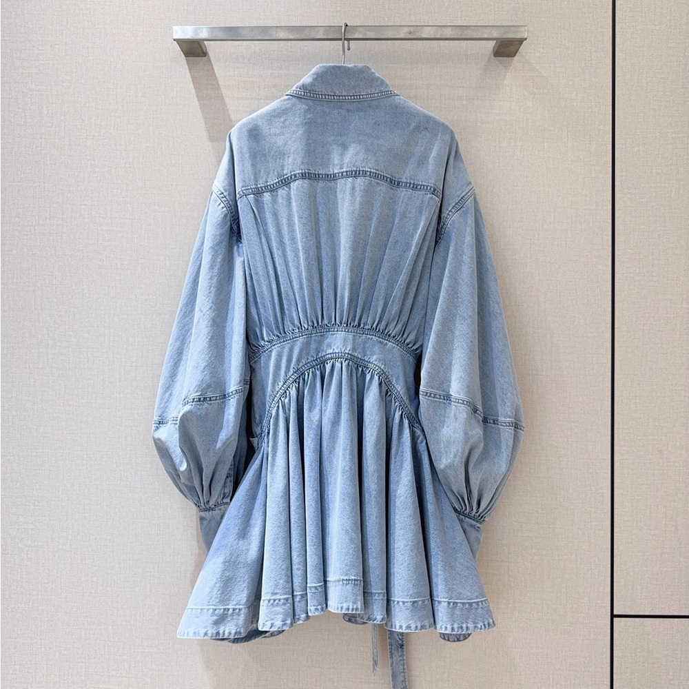 Zimmermann Light Blue Denim Wrap Mini Dress with Balloon Sleeves - Picture 3 of 6